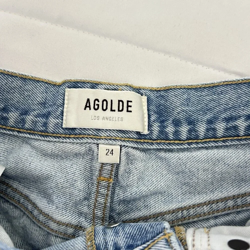 Agolde Long Parker Distressed Denim‎ Shorts Light Wash Button-Fly Womens 24